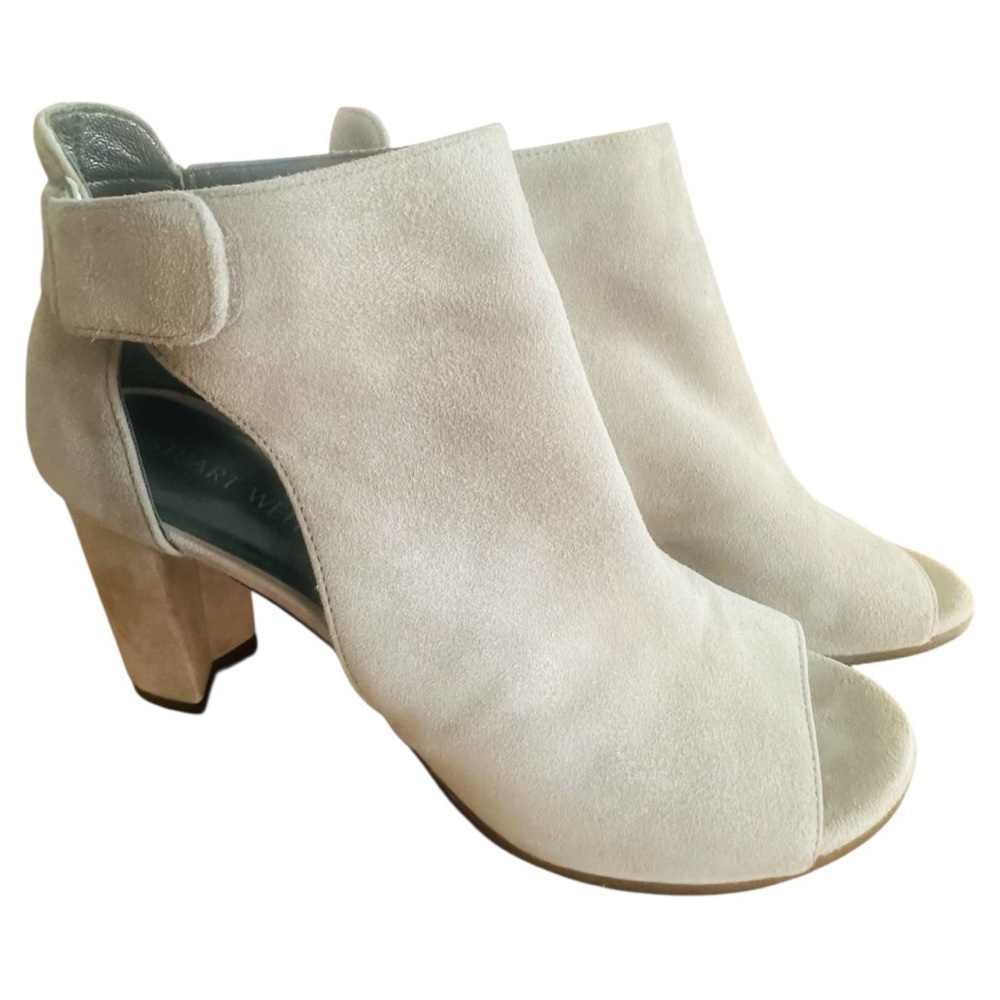 Stuart Weitzman Adjustable Taupe Gray Suede Open Toe Heeled Booties Size 8.5M
